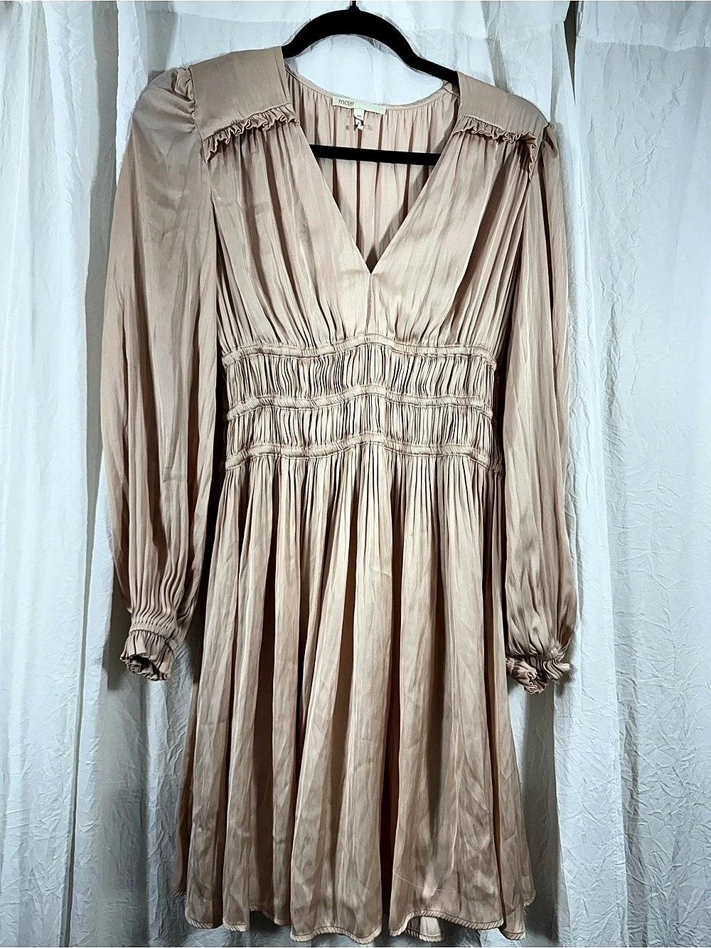 Maje Rianne Blush Nude Satin Pleated
Smocked Mini Dress Long Sleeve
